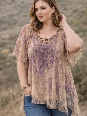 Brittany Black Size 1x Taupe & Lavender Lace Flutter Sleeve Tunic